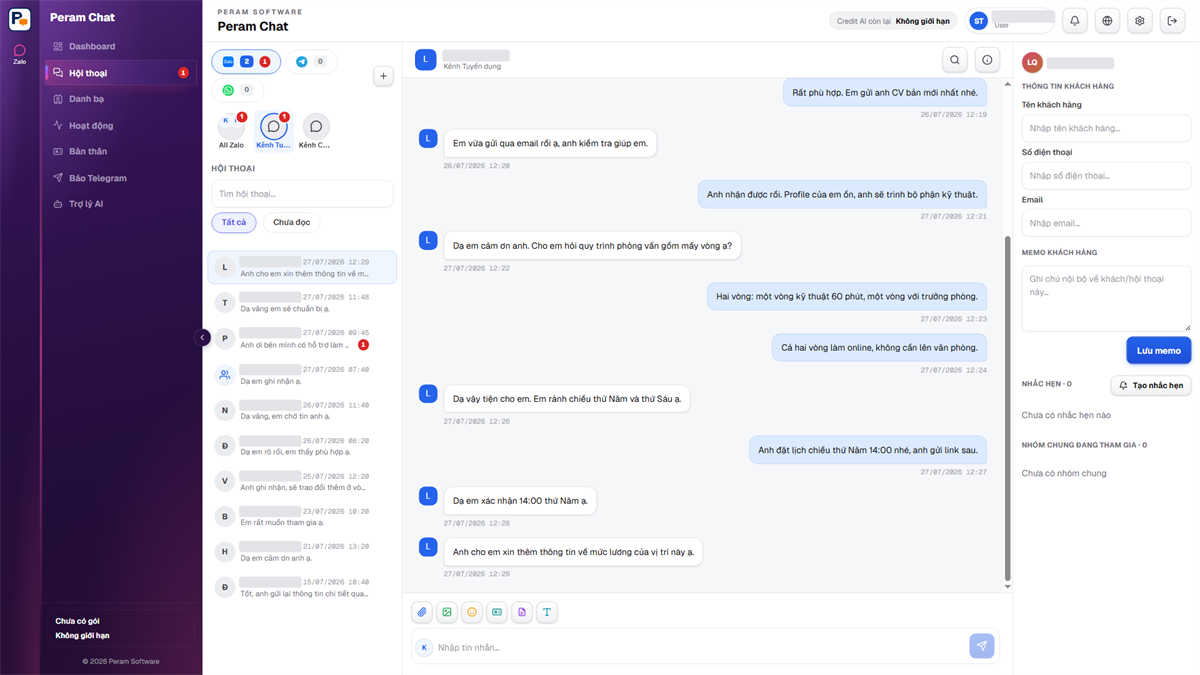 Khung chat Peram Chat với hồ sơ khách hàng, ghi chú riêng và nhắc hẹn ở cột bên phải