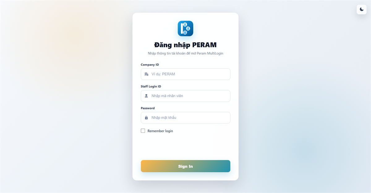 Cửa sổ đăng nhập Peram MultiLogin với ba ô Company ID, Staff Login ID và Password