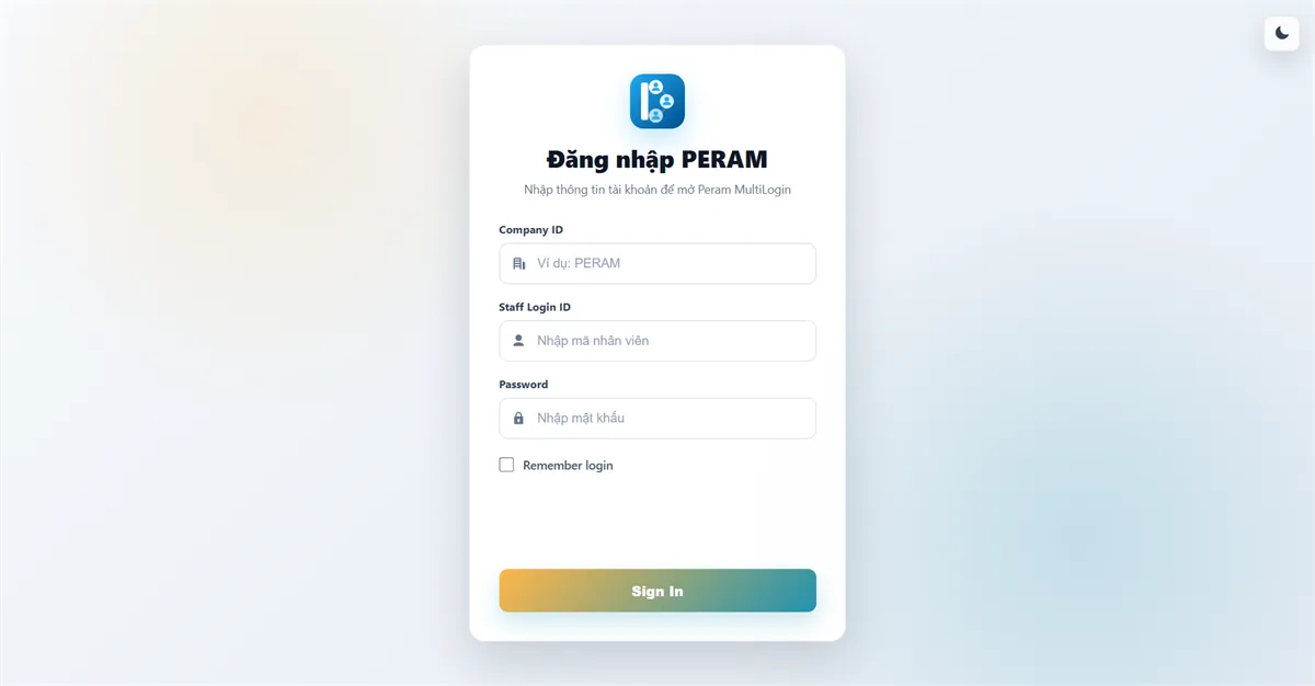 Cửa sổ đăng nhập Peram MultiLogin với ba ô Company ID, Staff Login ID và Password